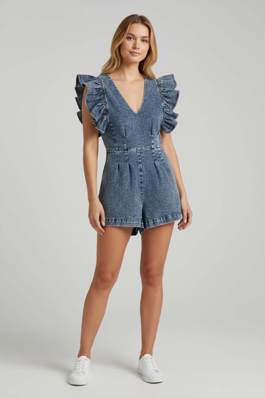 Bella Ella Boutique Denim Ruffled Zip-Front Romper